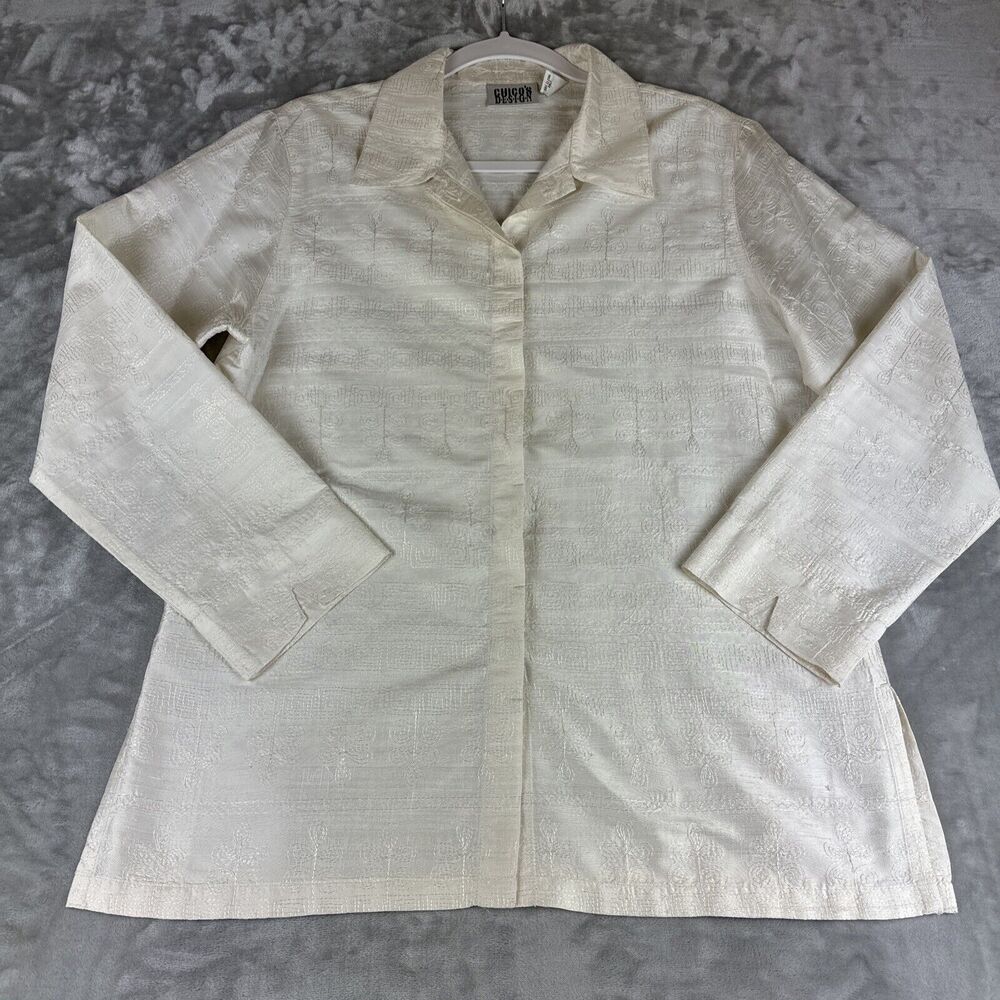 VTG Chico's Embroidered Silk Jacket‎ Size 1 (Large) White Art To Wear (1062)